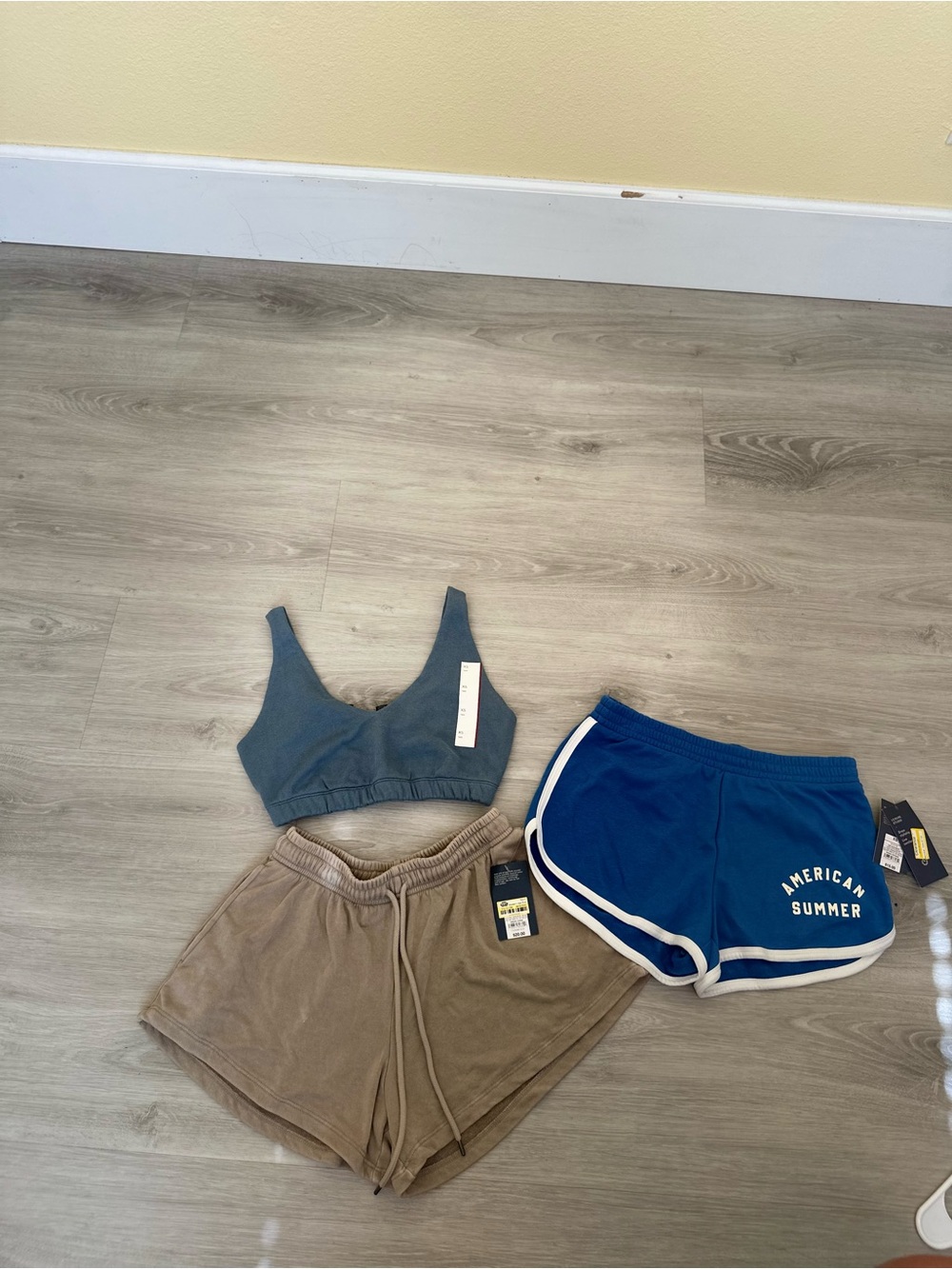 Target Blue Sports Bra, Tan Lounge Shorts, Royal Blue Athletic Shorts